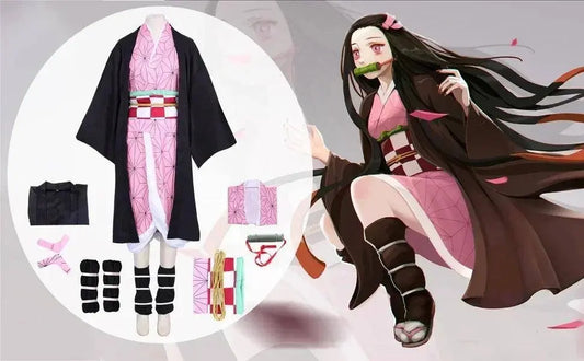 Anime Demon Slayer Kamado Nezuko Cosplay Costume Kimono Kimetsu No Yaiba Cosplay Wigs Hairs Halloween Carnival Women Outfit - SS69