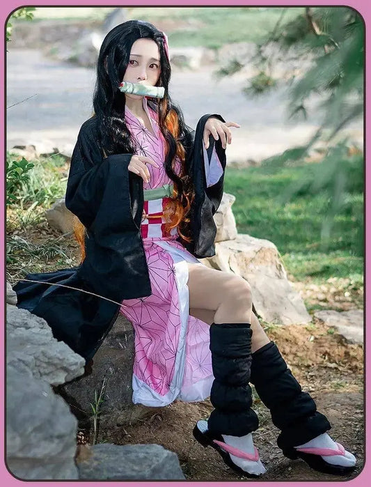 Anime Demon Slayer Kamado Nezuko Cosplay Costume Kimono Kimetsu No Yaiba Cosplay Wigs Hairs Halloween Carnival Women Outfit - SS69