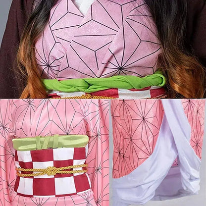 Anime Demon Slayer Kamado Nezuko Cosplay Costume Kimono Kimetsu No Yaiba Cosplay Wigs Hairs Halloween Carnival Women Outfit - SS69