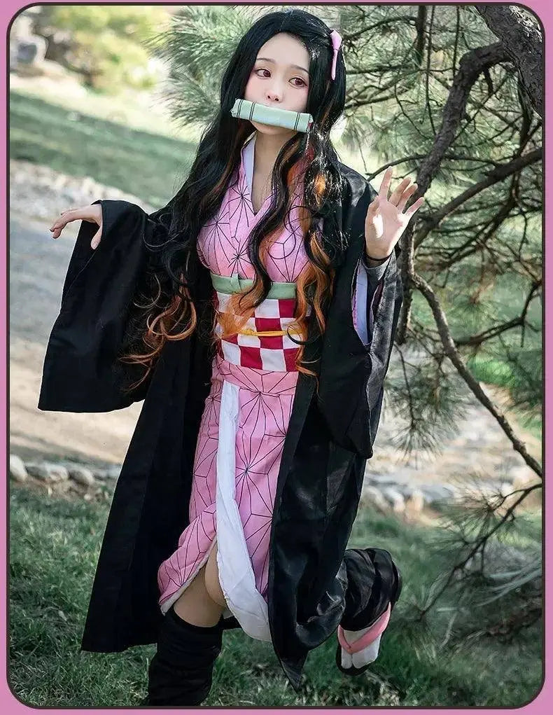 Anime Demon Slayer Kamado Nezuko Cosplay Costume Kimono Kimetsu No Yaiba Cosplay Wigs Hairs Halloween Carnival Women Outfit - SS69