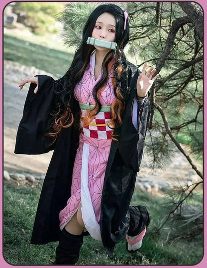 Anime Demon Slayer Kamado Nezuko Cosplay Costume Kimono Kimetsu No Yaiba Cosplay Wigs Hairs Halloween Carnival Women Outfit - SS69