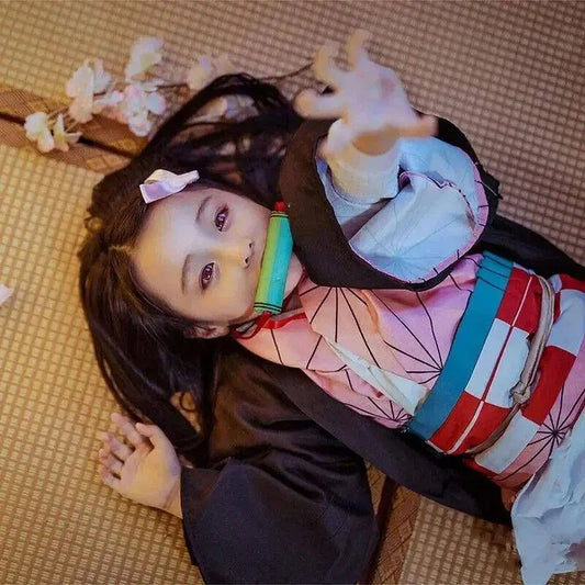 Anime Demon Slayer Kamado Nezuko Cosplay Costume Kimono Kimetsu No Yaiba Cosplay Wigs Hairs Halloween Carnival Women Outfit - SS69