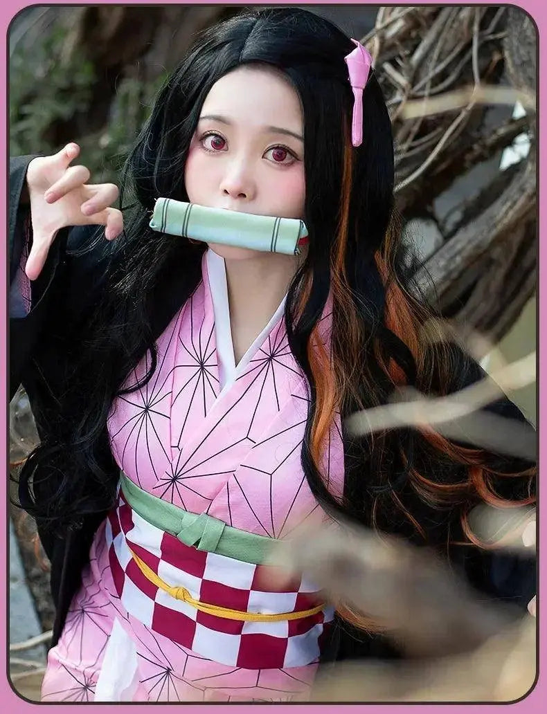 Anime Demon Slayer Kamado Nezuko Cosplay Costume Kimono Kimetsu No Yaiba Cosplay Wigs Hairs Halloween Carnival Women Outfit - SS69