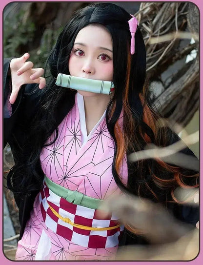 Anime Demon Slayer Kamado Nezuko Cosplay Costume Kimono Kimetsu No Yaiba Cosplay Wigs Hairs Halloween Carnival Women Outfit - SS69