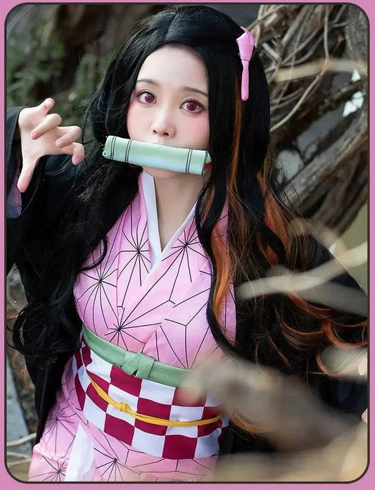 Anime Demon Slayer Kamado Nezuko Cosplay Costume Kimono Kimetsu No Yaiba Cosplay Wigs Hairs Halloween Carnival Women Outfit - SS69