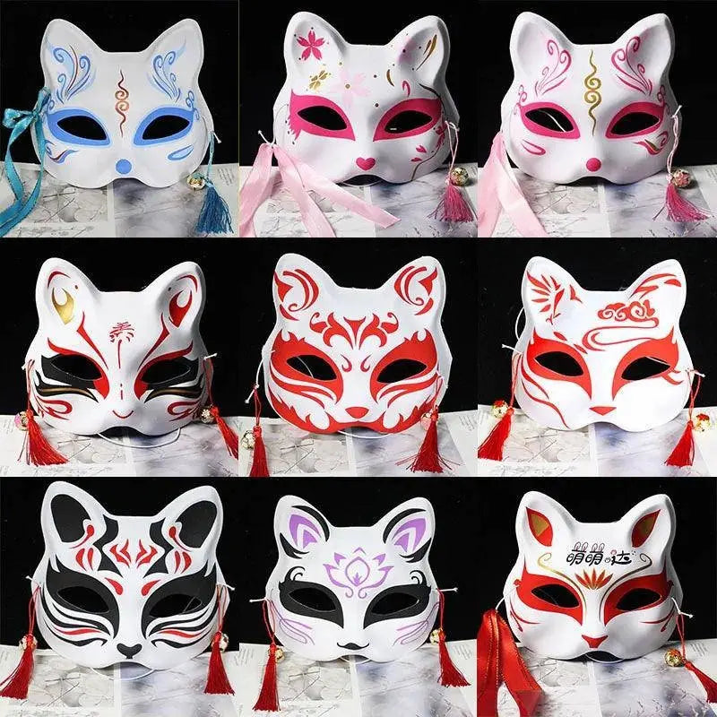 Anime Foxes Mask Japanese Cosplay Rave Hand-Painted Cartoon Demon Slayer Half Face Cat Masks Masquerade Festival Party Props - SS69