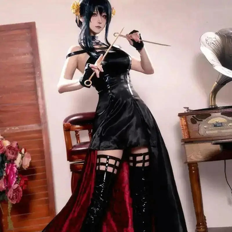 Anime Yor Forger Family Cosplay Costumes Black Dress Hair Accessories White Socks Gloves Earrings Halloween Props for Women Girl.