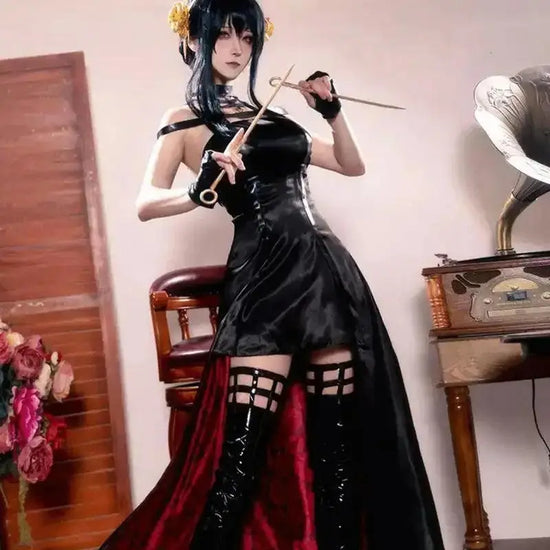 Anime Yor Forger Family Cosplay Costumes Black Dress Hair Accessories White Socks Gloves Earrings Halloween Props for Women Girl.