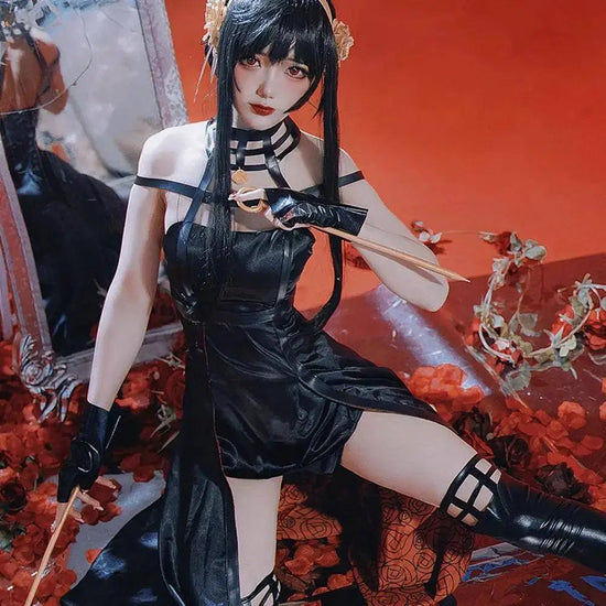 Anime Yor Forger Family Cosplay Costumes Black Dress Hair Accessories White Socks Gloves Earrings Halloween Props for Women Girl SS69