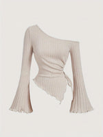 Autumn Elegance, Chic Apricot Off-Shoulder Drawstring Asymmetrical Hem T-Shirt for Women - Y2K Inspired, Comfort Fit with Flared Sleeves, Perfect for Fall & Halloween SS69