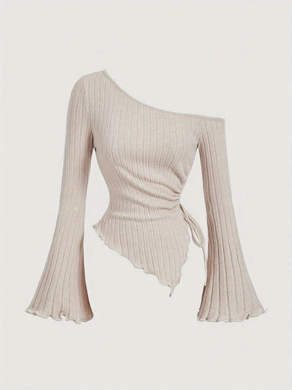 Autumn Elegance, Chic Apricot Off-Shoulder Drawstring Asymmetrical Hem T-Shirt for Women - Y2K Inspired, Comfort Fit with Flared Sleeves, Perfect for Fall & Halloween SS69