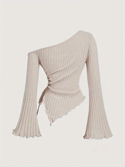 Autumn Elegance, Chic Apricot Off-Shoulder Drawstring Asymmetrical Hem T-Shirt for Women - Y2K Inspired, Comfort Fit with Flared Sleeves, Perfect for Fall & Halloween SS69