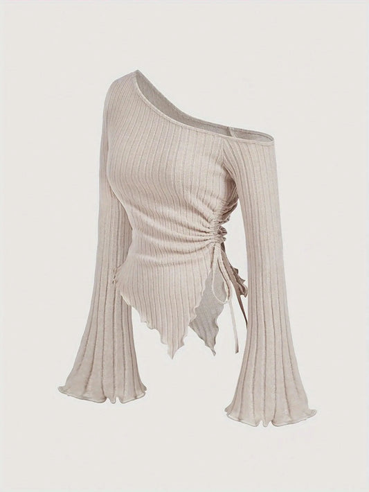 Autumn Elegance, Chic Apricot Off-Shoulder Drawstring Asymmetrical Hem T-Shirt for Women - Y2K Inspired, Comfort Fit with Flared Sleeves, Perfect for Fall & Halloween SS69