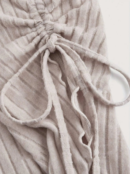 Autumn Elegance, Chic Apricot Off-Shoulder Drawstring Asymmetrical Hem T-Shirt for Women - Y2K Inspired, Comfort Fit with Flared Sleeves, Perfect for Fall & Halloween SS69