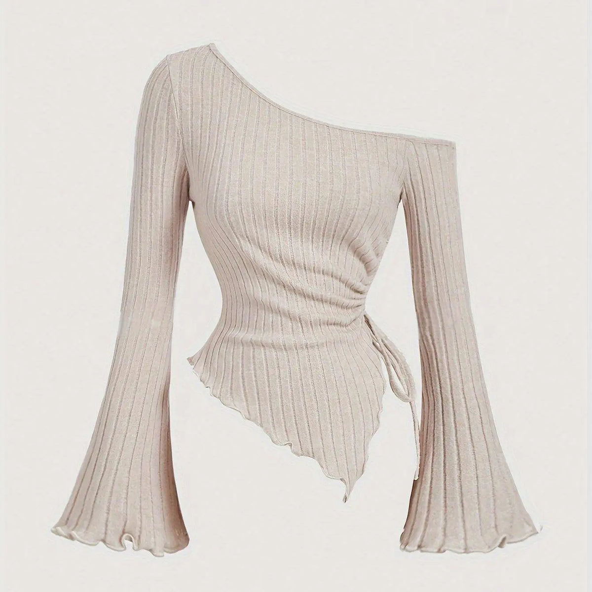 Autumn Elegance, Chic Apricot Off-Shoulder Drawstring Asymmetrical Hem T-Shirt for Women - Y2K Inspired, Comfort Fit with Flared Sleeves, Perfect for Fall & Halloween SS69