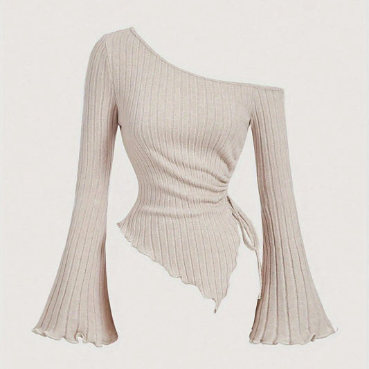 Autumn Elegance, Chic Apricot Off-Shoulder Drawstring Asymmetrical Hem T-Shirt for Women - Y2K Inspired, Comfort Fit with Flared Sleeves, Perfect for Fall & Halloween SS69