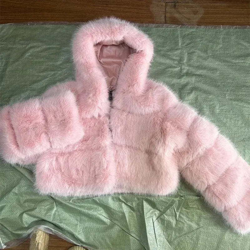 Autumn Furry Cropped Faux Fur Coats Jackets Women Fluffy Top Coat Hooded Straight Short Winter Fur Jacket Fashion Streetwear New - SS69