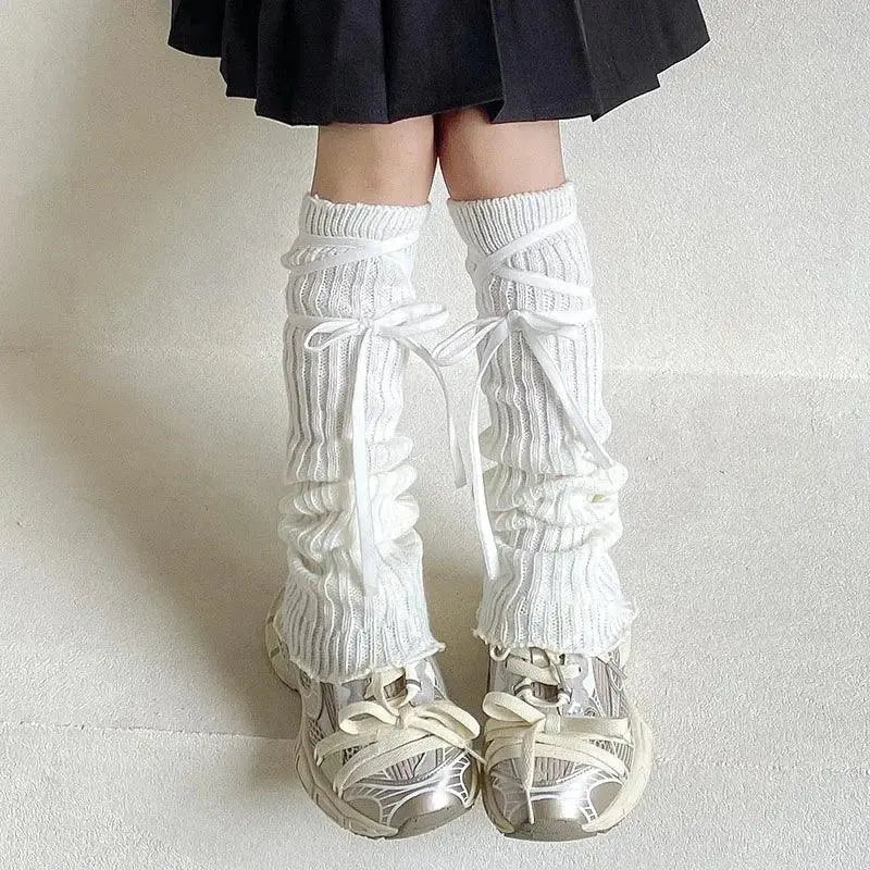 Autumn Winter Children Leg Warmers Lolita Lace Bowknot Knitted Socks Baby Girls Warm Foot Cover Cute Sweet Socks Long Stockings.