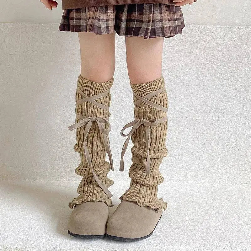 Autumn Winter Children Leg Warmers Lolita Lace Bowknot Knitted Socks Baby Girls Warm Foot Cover Cute Sweet Socks Long Stockings SS69