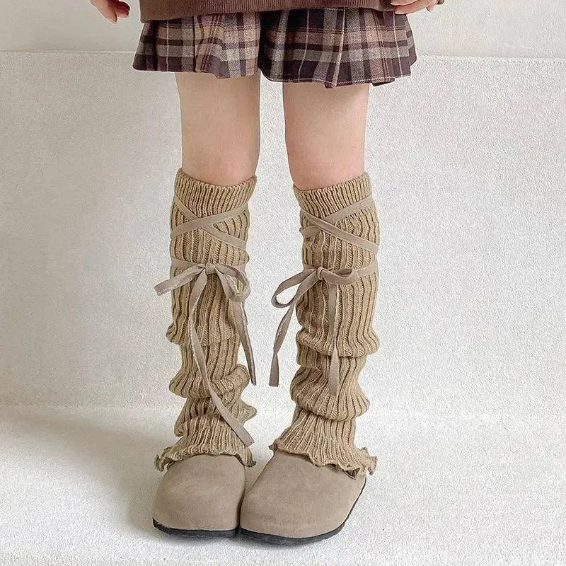 Autumn Winter Children Leg Warmers Lolita Lace Bowknot Knitted Socks Baby Girls Warm Foot Cover Cute Sweet Socks Long Stockings SS69 10.69 Khaki / One Size