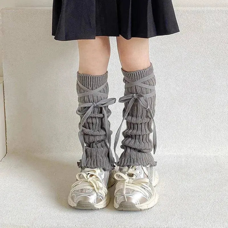 Autumn Winter Children Leg Warmers Lolita Lace Bowknot Knitted Socks Baby Girls Warm Foot Cover Cute Sweet Socks Long Stockings SS69 11.69 light gray / One Size