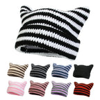 Autumn Winter Cute Cat Ears Cap, Streetwear Beanie Hat, Little Devil Striped Knitted Hat For Men Women, Kawaii Y2k Hat - SS69