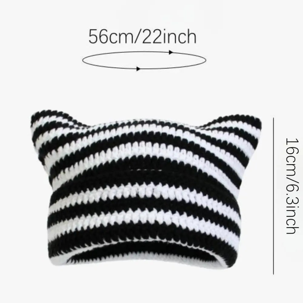 Autumn Winter Cute Cat Ears Cap, Streetwear Beanie Hat, Little Devil Striped Knitted Hat For Men Women, Kawaii Y2k Hat - SS69