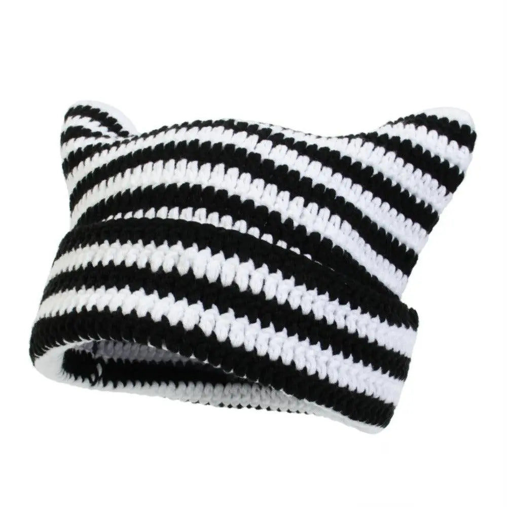 Autumn Winter Cute Cat Ears Cap, Streetwear Beanie Hat, Little Devil Striped Knitted Hat For Men Women, Kawaii Y2k Hat - SS69