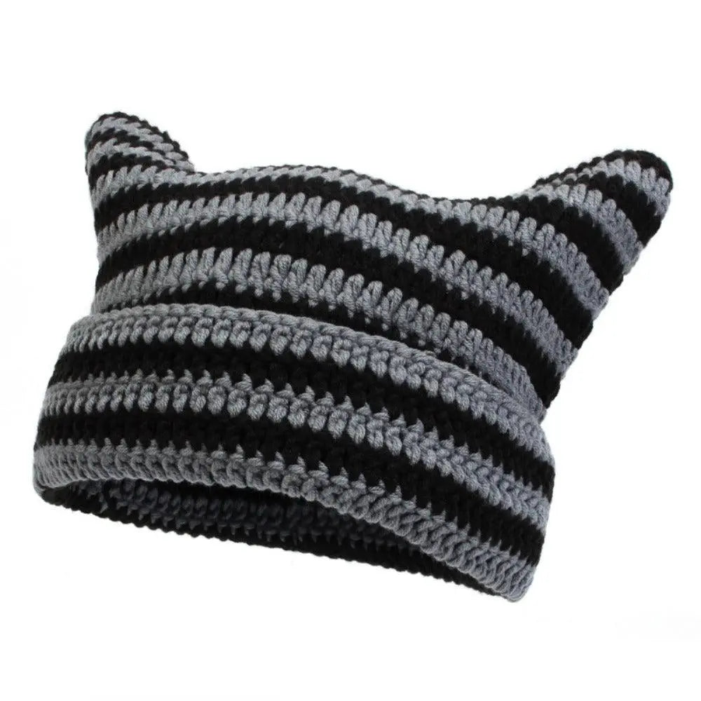 Autumn Winter Cute Cat Ears Cap, Streetwear Beanie Hat, Little Devil Striped Knitted Hat For Men Women, Kawaii Y2k Hat - SS69