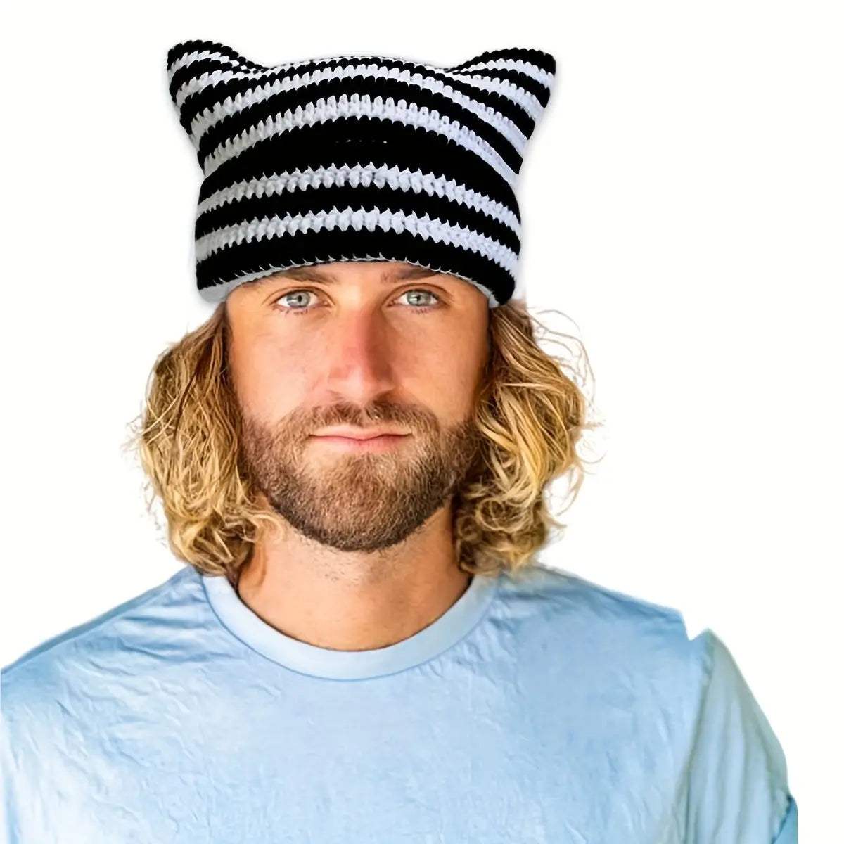Autumn Winter Cute Cat Ears Cap, Streetwear Beanie Hat, Little Devil Striped Knitted Hat For Men Women, Kawaii Y2k Hat - SS69