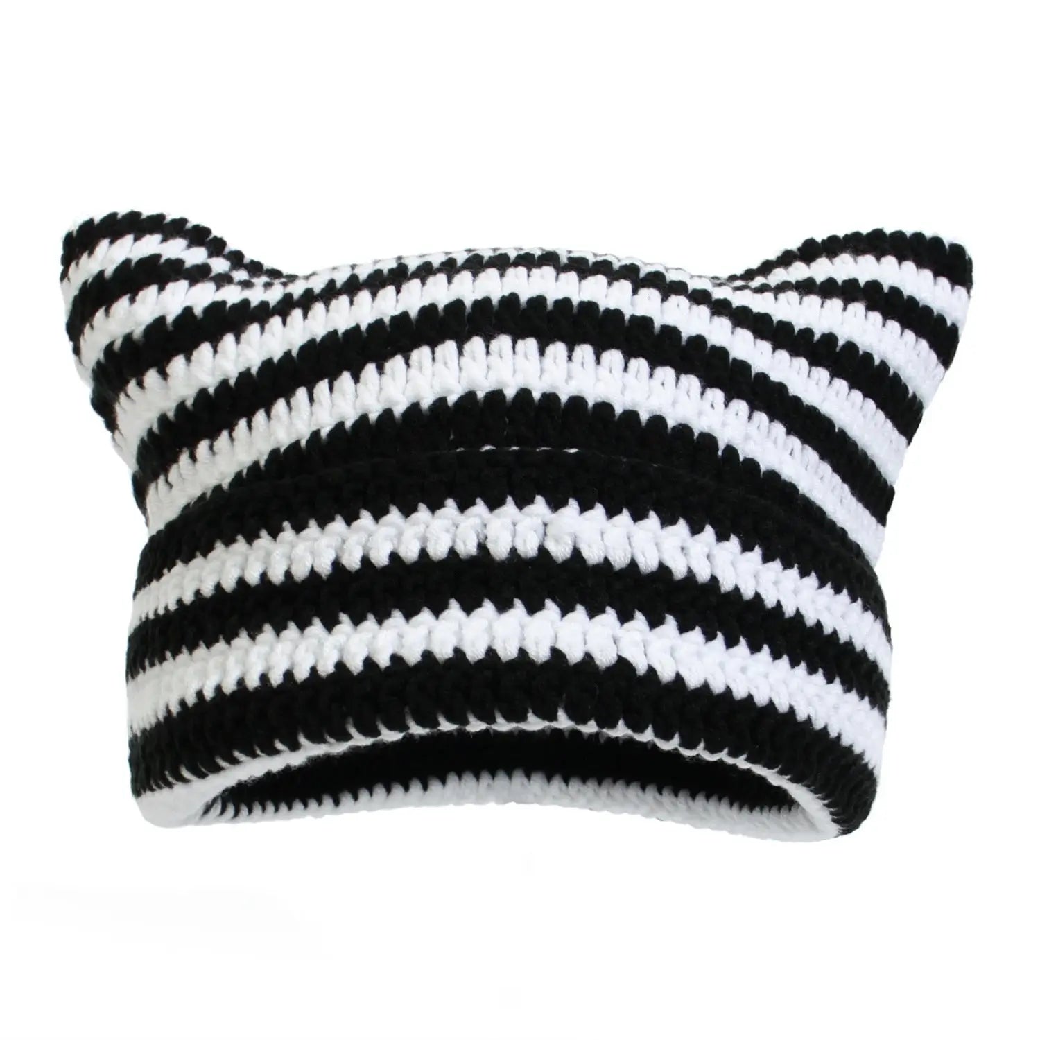 Autumn Winter Cute Cat Ears Cap, Streetwear Beanie Hat, Little Devil Striped Knitted Hat For Men Women, Kawaii Y2k Hat - SS69