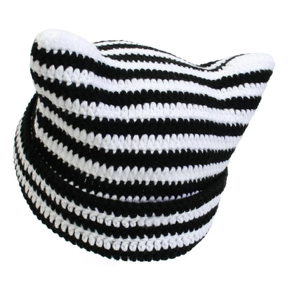 Autumn Winter Cute Cat Ears Cap, Streetwear Beanie Hat, Little Devil Striped Knitted Hat For Men Women, Kawaii Y2k Hat - SS69