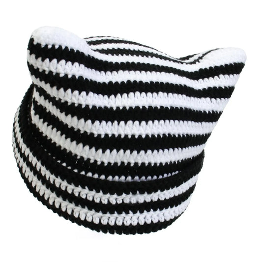 Autumn Winter Cute Cat Ears Cap, Streetwear Beanie Hat, Little Devil Striped Knitted Hat For Men Women, Kawaii Y2k Hat - SS69