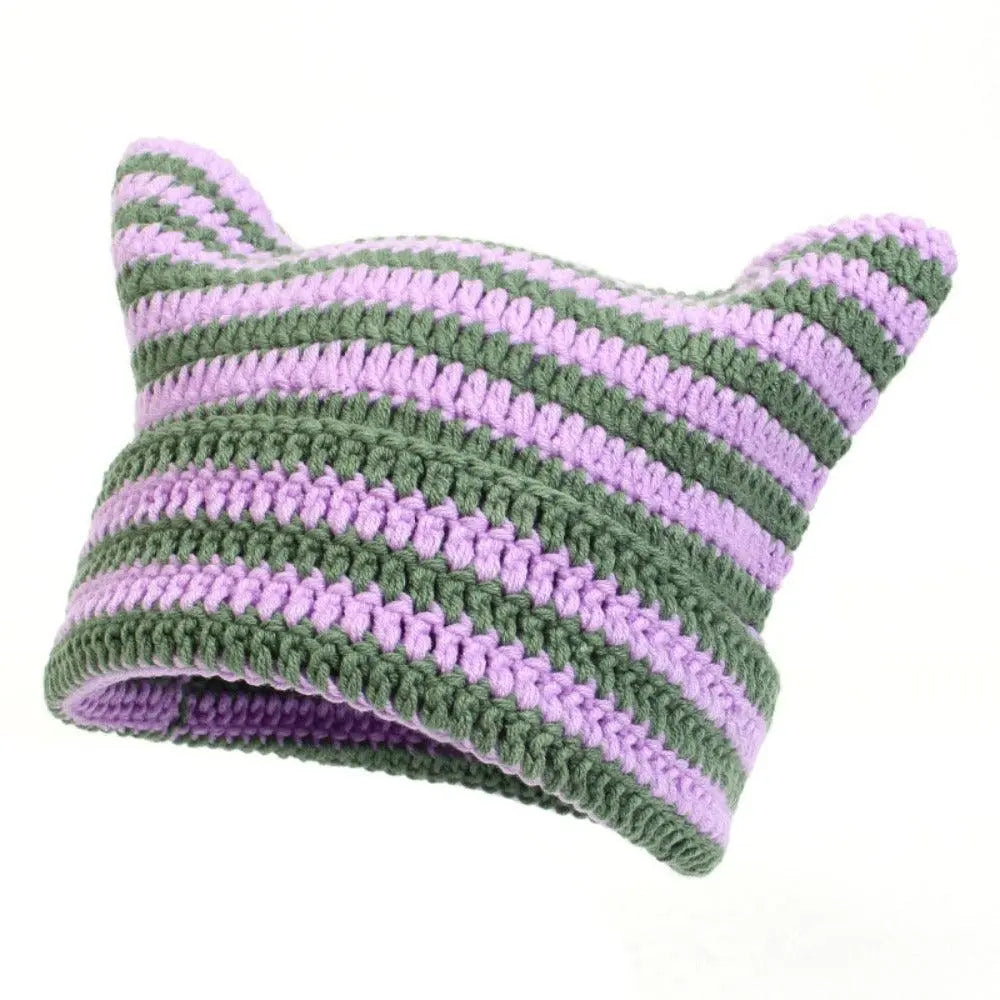 Autumn Winter Cute Cat Ears Cap, Streetwear Beanie Hat, Little Devil Striped Knitted Hat For Men Women, Kawaii Y2k Hat - SS69