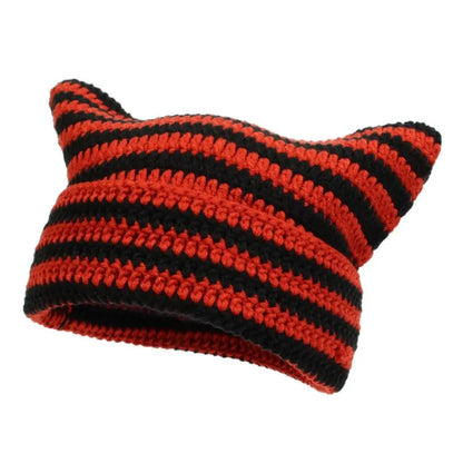 Autumn Winter Cute Cat Ears Cap, Streetwear Beanie Hat, Little Devil Striped Knitted Hat For Men Women, Kawaii Y2k Hat - SS69