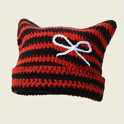 Autumn Winter Cute Cat Ears Cap, Streetwear Beanie Hat, Little Devil Striped Knitted Hat For Men Women, Kawaii Y2k Hat - SS69