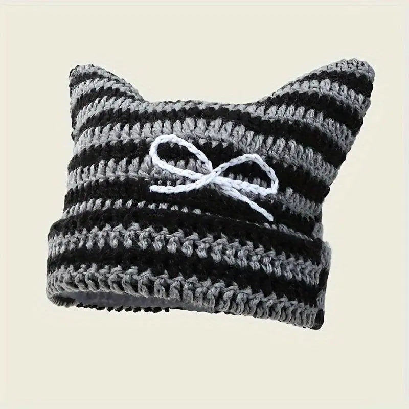 Autumn Winter Cute Cat Ears Cap, Streetwear Beanie Hat, Little Devil Striped Knitted Hat For Men Women, Kawaii Y2k Hat - SS69