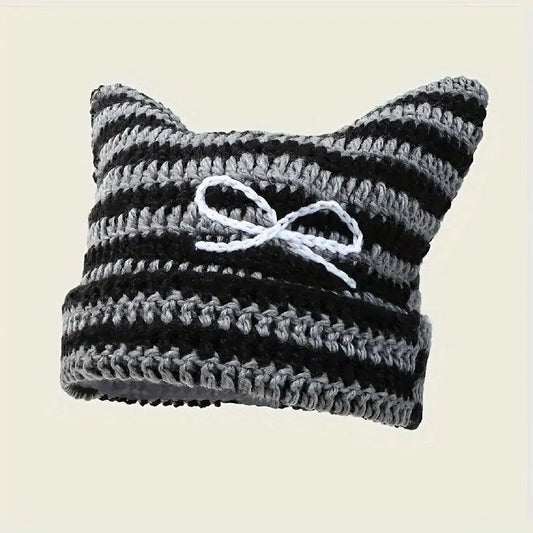 Autumn Winter Cute Cat Ears Cap, Streetwear Beanie Hat, Little Devil Striped Knitted Hat For Men Women, Kawaii Y2k Hat - SS69