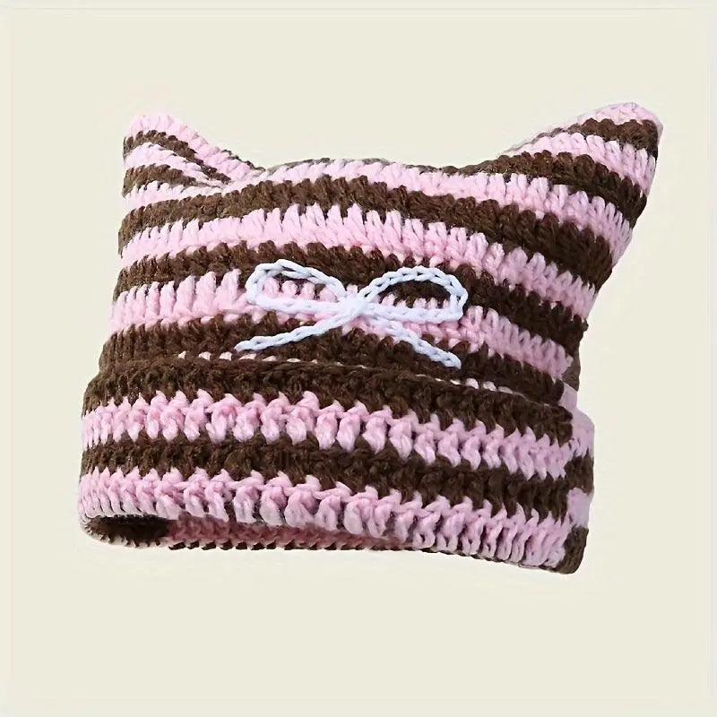 Autumn Winter Cute Cat Ears Cap, Streetwear Beanie Hat, Little Devil Striped Knitted Hat For Men Women, Kawaii Y2k Hat - SS69