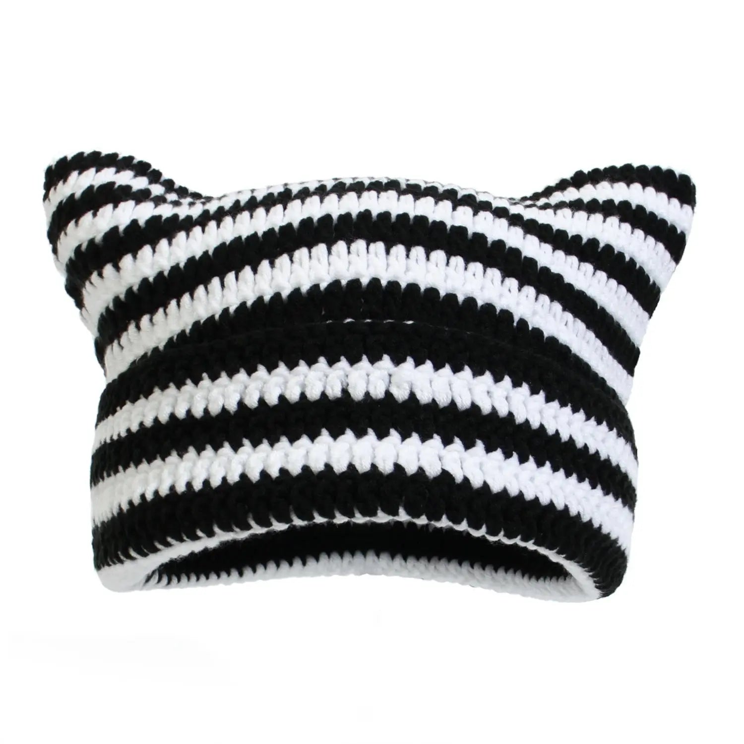Autumn Winter Cute Cat Ears Cap, Streetwear Beanie Hat, Little Devil Striped Knitted Hat For Men Women, Kawaii Y2k Hat - SS69