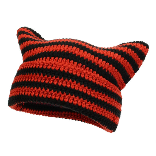 Autumn Winter Cute Cat Ears Cap, Streetwear Beanie Hat, Little Devil Striped Knitted Hat For Men Women, Kawaii Y2k Hat - SS69