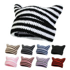 Autumn Winter Cute Cat Ears Cap, Streetwear Beanie Hat, Little Devil Striped Knitted Hat For Men Women, Kawaii Y2k Hat - SS69
