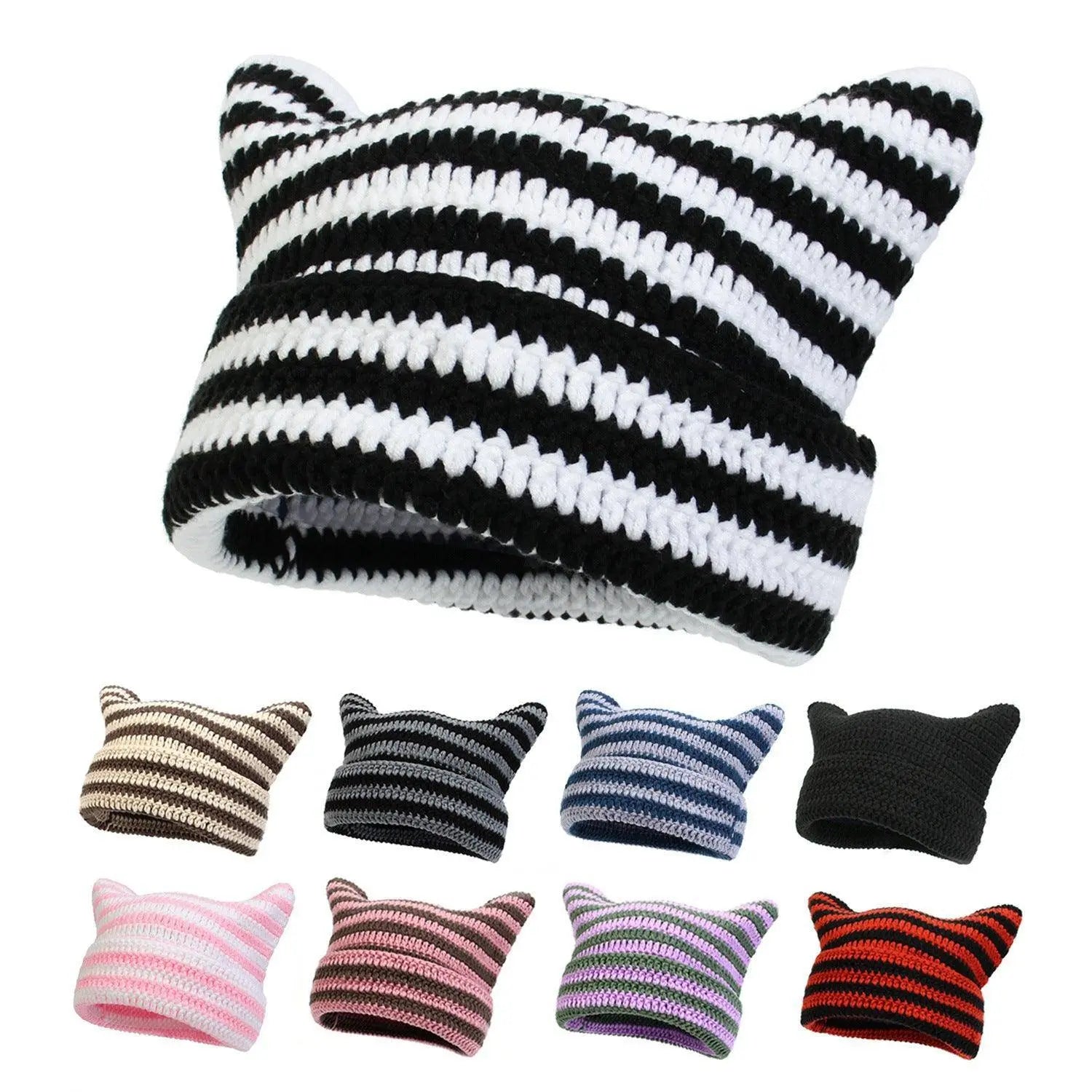 Autumn Winter Cute Cat Ears Cap, Streetwear Beanie Hat, Little Devil Striped Knitted Hat For Men Women, Kawaii Y2k Hat - SS69