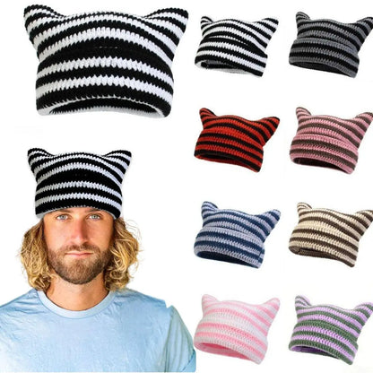 Autumn Winter Cute Cat Ears Cap, Streetwear Beanie Hat, Little Devil Striped Knitted Hat For Men Women, Kawaii Y2k Hat - SS69