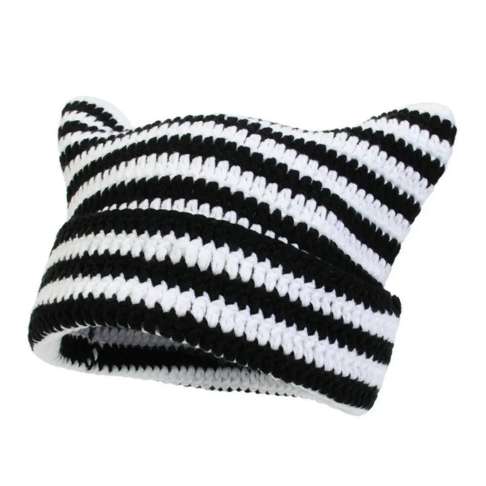 Autumn Winter Cute Cat Ears Cap, Streetwear Beanie Hat, Little Devil Striped Knitted Hat For Men Women, Kawaii Y2k Hat - SS69