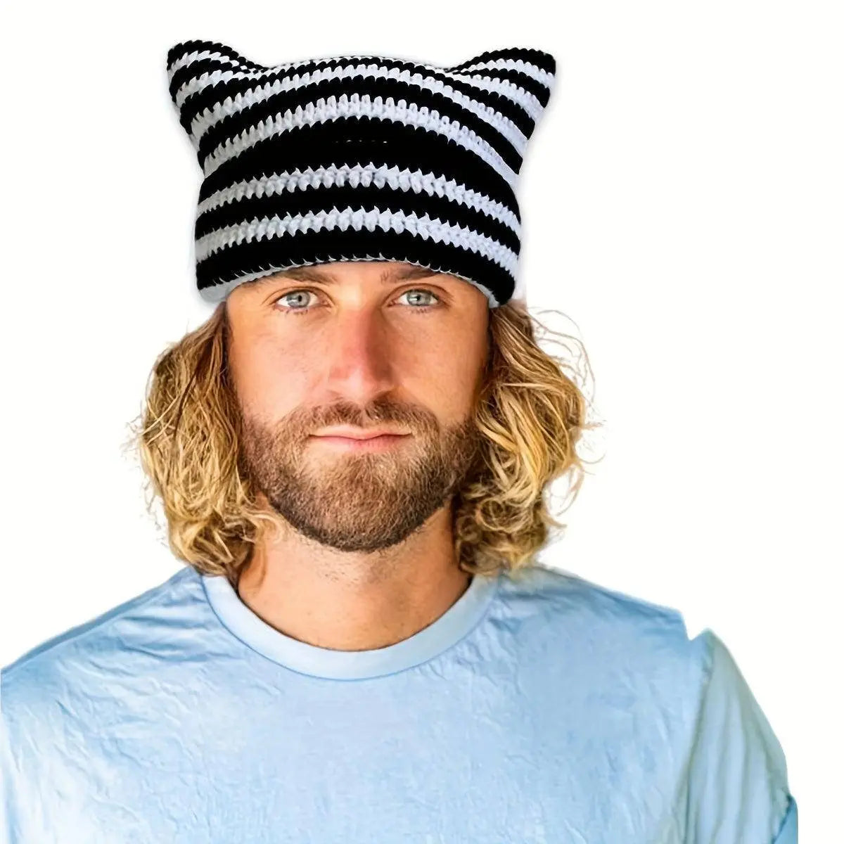 Autumn Winter Cute Cat Ears Cap, Streetwear Beanie Hat, Little Devil Striped Knitted Hat For Men Women, Kawaii Y2k Hat - SS69