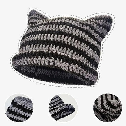 Autumn Winter Cute Cat Ears Cap, Streetwear Beanie Hat, Little Devil Striped Knitted Hat For Men Women, Kawaii Y2k Hat - SS69