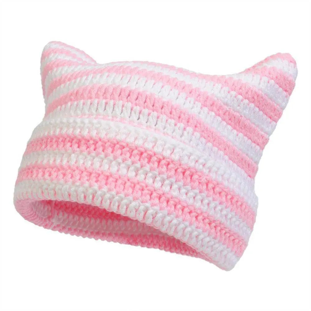 Autumn Winter Cute Cat Ears Cap, Streetwear Beanie Hat, Little Devil Striped Knitted Hat For Men Women, Kawaii Y2k Hat - SS69