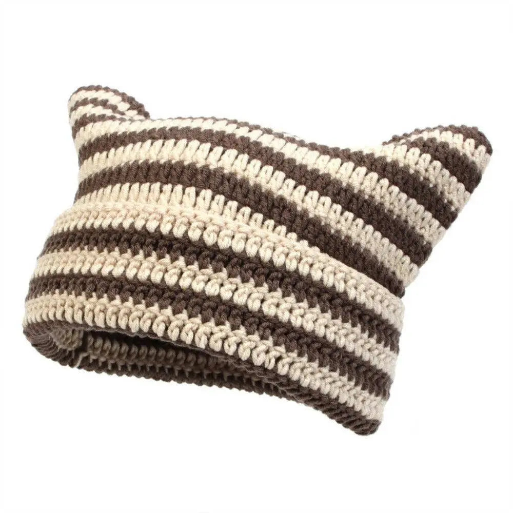 Autumn Winter Cute Cat Ears Cap, Streetwear Beanie Hat, Little Devil Striped Knitted Hat For Men Women, Kawaii Y2k Hat - SS69
