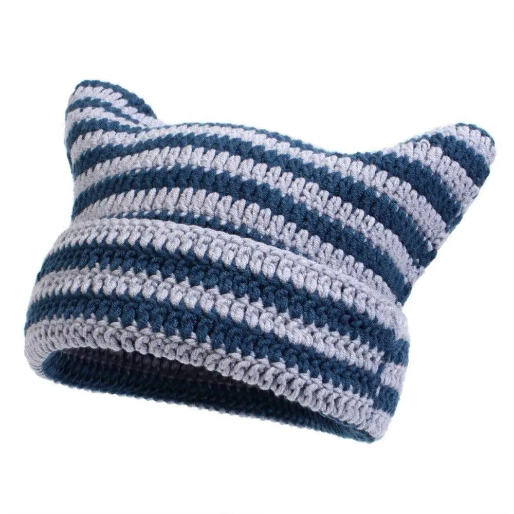Autumn Winter Cute Cat Ears Cap, Streetwear Beanie Hat, Little Devil Striped Knitted Hat For Men Women, Kawaii Y2k Hat - SS69